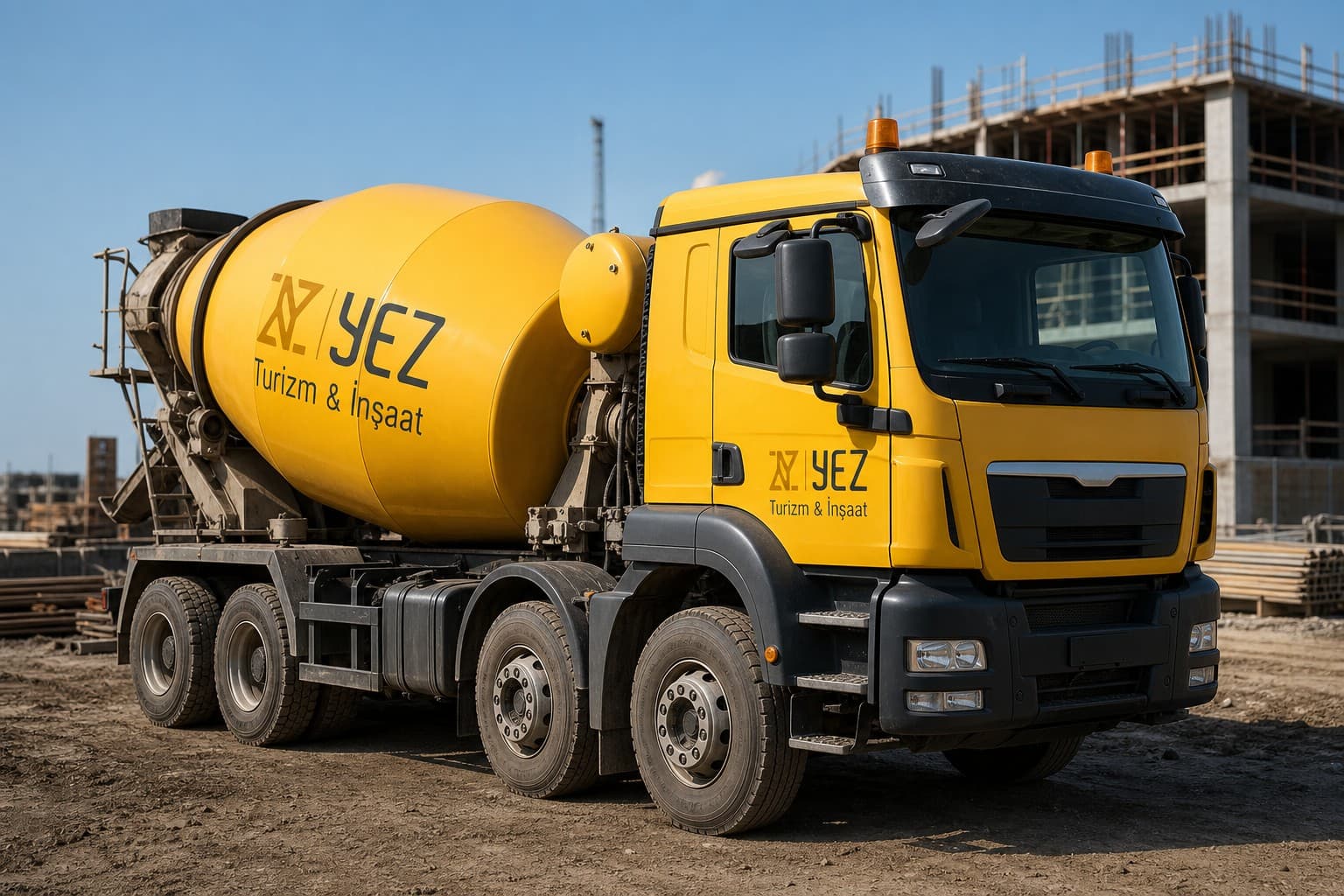YEZ logolu beton mikseri filosu